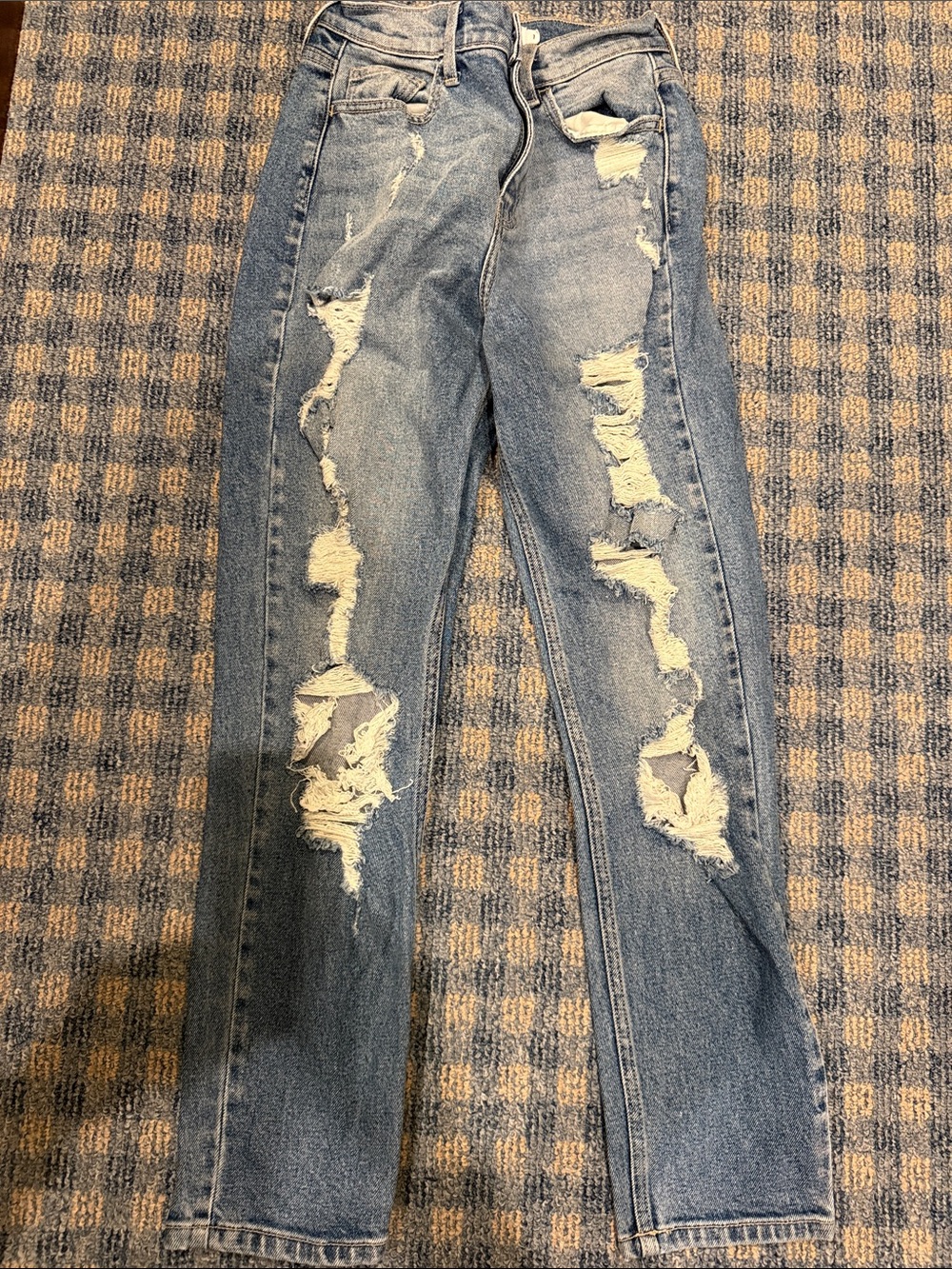 Cello Blue Denim distressed Jeans with Tan Stitching. Size 1